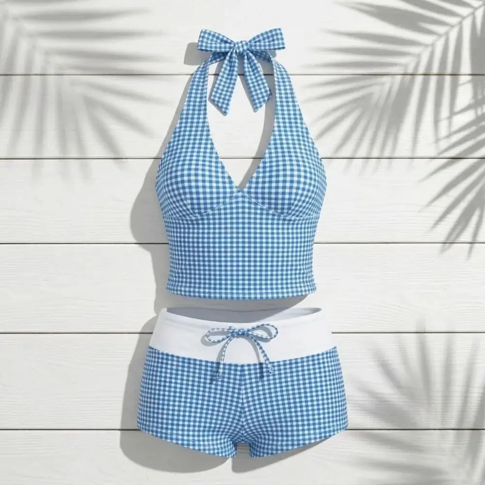 Gingham Pattern Halter Tankini Set Halter Neck Adjustable Tie Gingham Swimsuit Set Quick Drying Breathable Fabric Swimwear Set