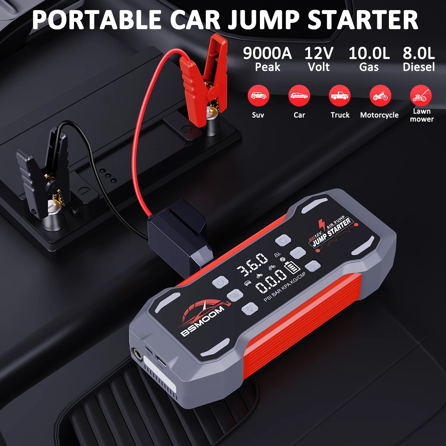 6-in-1 8000A Portable Emergency Jump Starter Features a 150PSI Air Compressor, a Barbecue Blower, and Can Also Charge Mobile Phones and Tablets.
