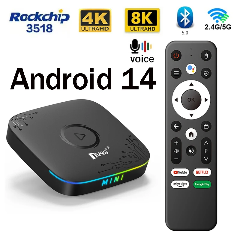 TV98 ATV mini Smart TV Box HD 8K 4K Android 14 BT5.0 Dual WiFi 5G 4G RK3518 Quad Core Voice Remote Media Player streaming IPTV