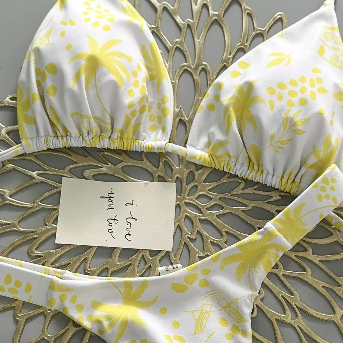 2026 New Yellow Coconut Tree Print Bikini Triangle Cup Strapless Separate Women's Swimsuit Stylish Beachwear For Ladies