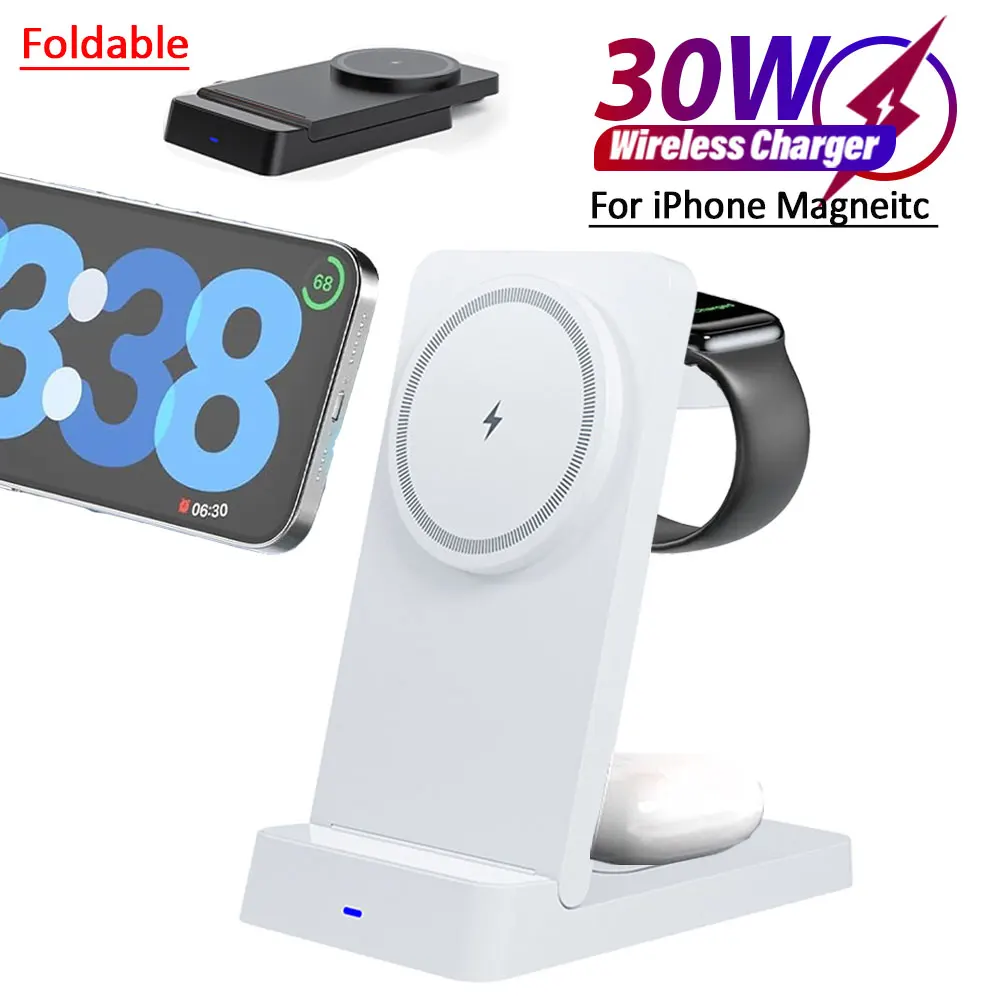 3 In 1 Magnetic Wireless Charger Pad Foldable Fast Charging Station For Magsafe iPhone 16 15 14 13 12 Pro iWatch 1-9 Airpods Pro