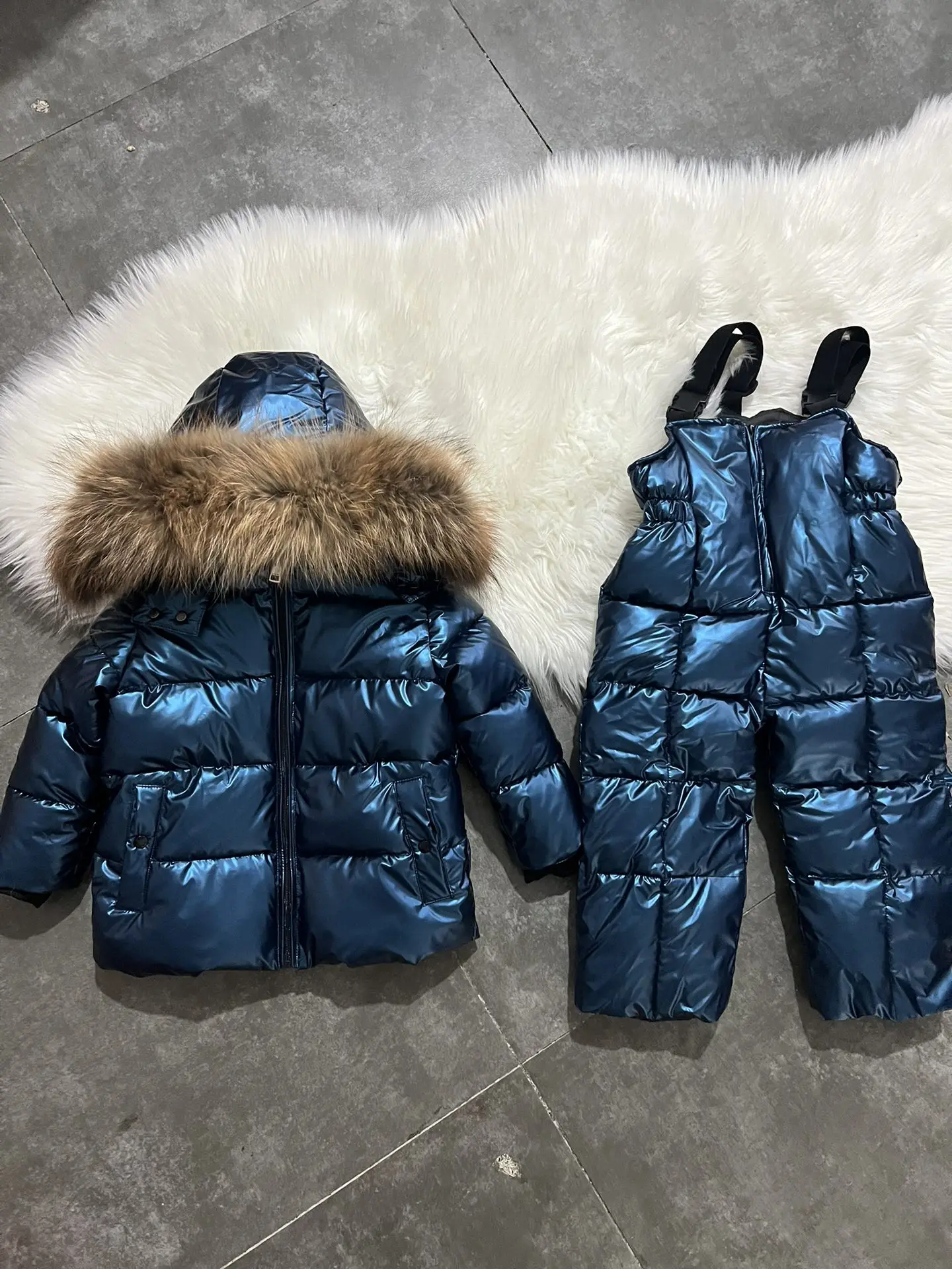 New  Winter Jacket Children down Jackets & Pant 2023 Child duck down Fur hooded girl snowsuit boy Suit set outerwear ski suit