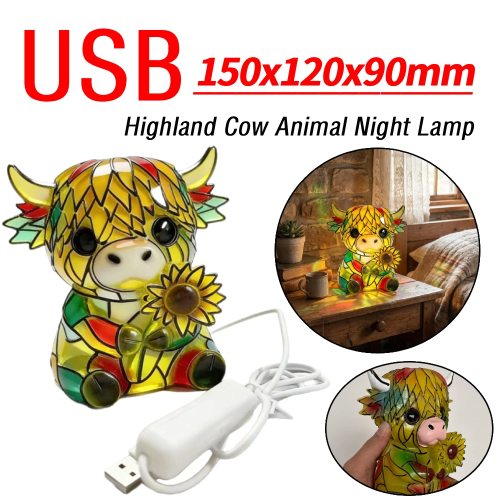 

Resin Sunflower Highland Cow Colorful Table Lamp W/ USB Ports Small Bedside Table Light for Living Room Home Office