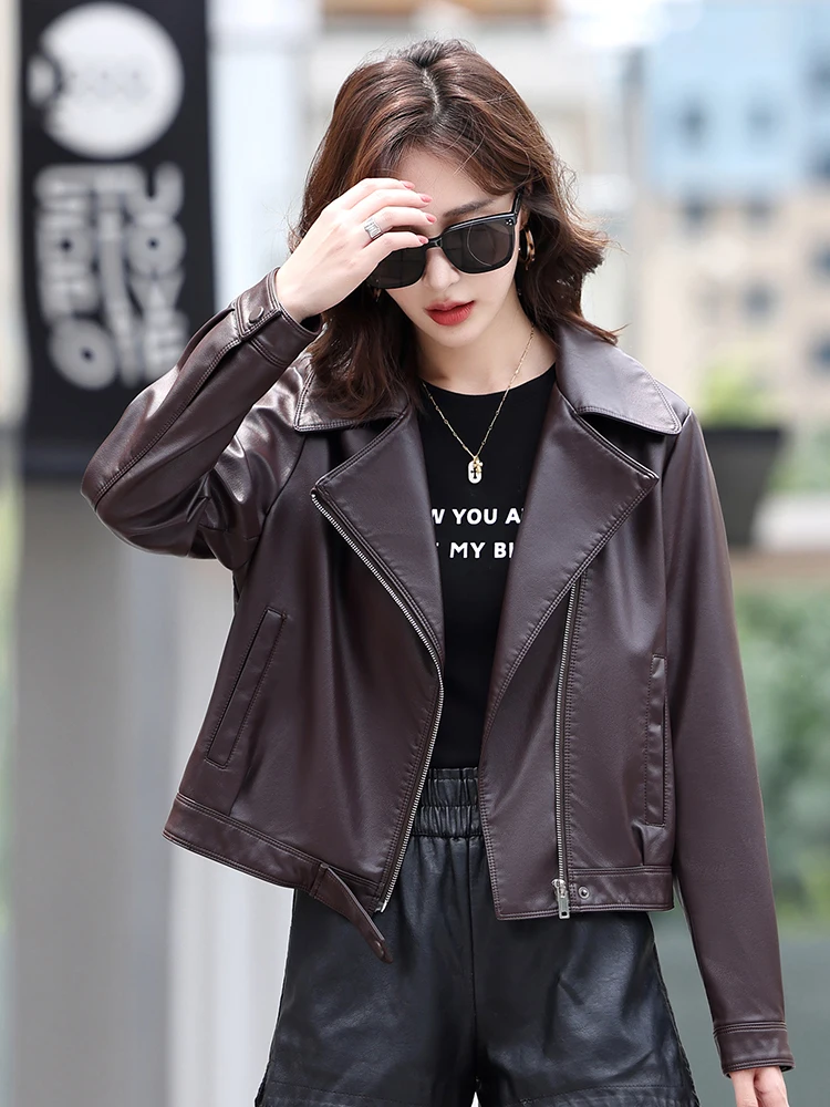 Spring 2026 Women's Slim Fit Leather Jacket Short Biker Style Korean Version Sheepskin Genuine Leather Coat Small Outerwear