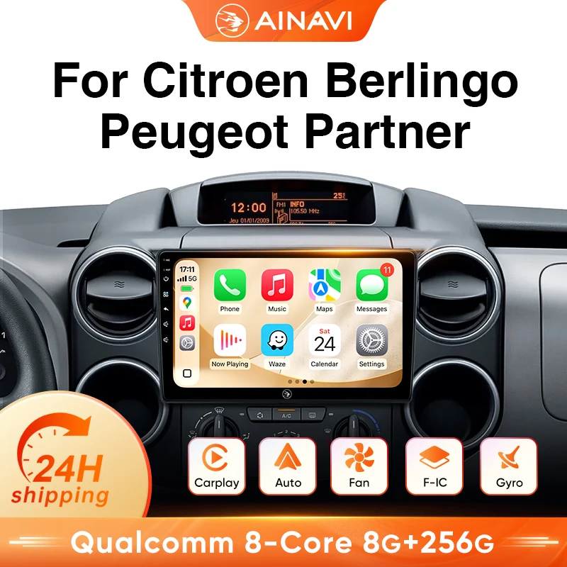 Autoradio Android Ainavi per Citroen Berlingo B9 Partner 2008 - 2018, Carplay Wireless, Android Auto, 4G, Lettore Multimediale per Auto, Navigazione GPS, SWC, BT5.0, HD IPS, Uscita HDMI, MP5, FM, AM,