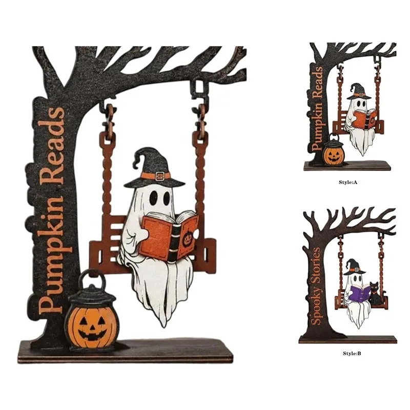 Halloween Ghost Swing Ornament Wooden Decor Statue Reading Ghost Cat Bookshelf Desktop Decoration Home Halloween Ornament Gifts