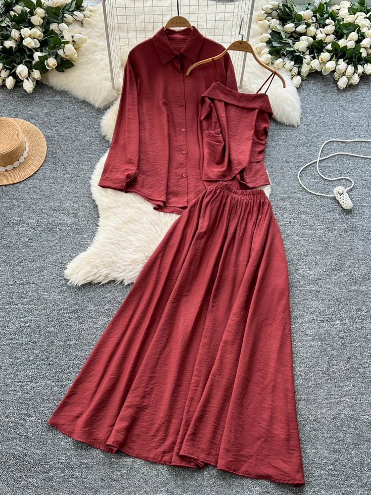 

Повседневный свободный женский комплект Faion, плиссированный жилет на бретелях, длинная юбка с высокой талией Sve irt, летняя одежда Lazy Sle