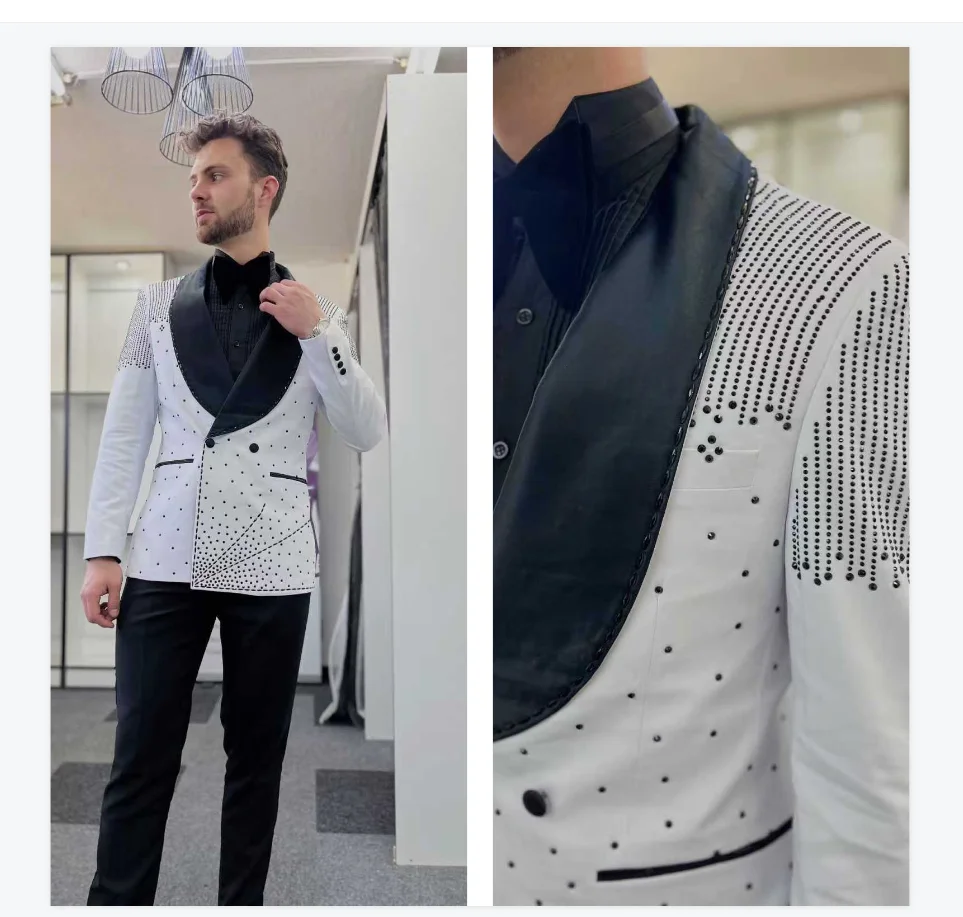 

White Men Suits Set 2 Pieces Blazer+Black Pants Trousers Luxury Beaded Stone Wedding Tuxeds Formal Office Groom Prom Jacket Coat