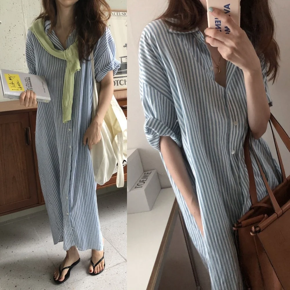 2026 New Fashionable Korean Style Casual Striped Dress Ladies' Shirt Dress Loose Waist Short Sleeve Button Closure H-Shape