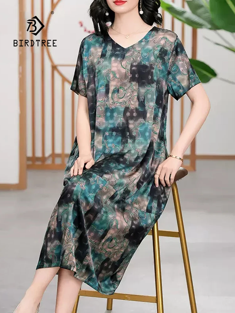 

BirdTree, 90%Real Silk Vintage Dresses, Women Short Sleeve Printed, Temperament Commute Large Dress, 2024 Summer New D44423QC