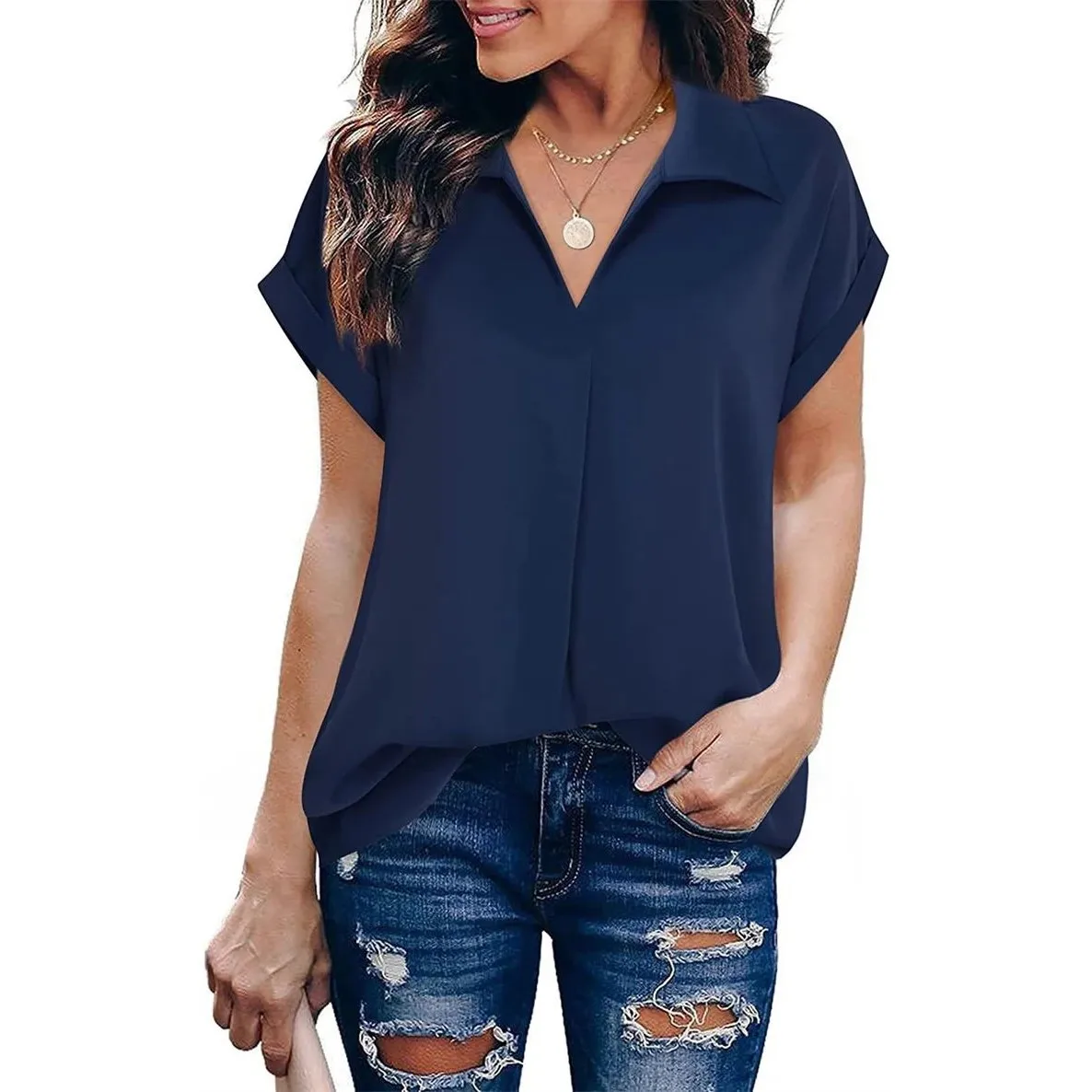Women's ort Sve irt V-Ne Color Blo Loose Fit Casual Faion Ladies' Premium Quali ort Sve Blouse