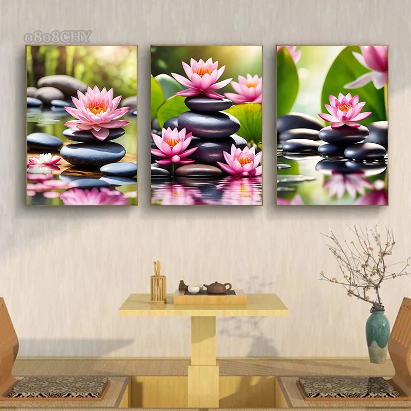 Spa Zen Cherry Blossom  Lily Pink Lotus Canvas Print Posters Art Painting Fitness Yoga Studio Wall Art Decor Pictures Home Decor