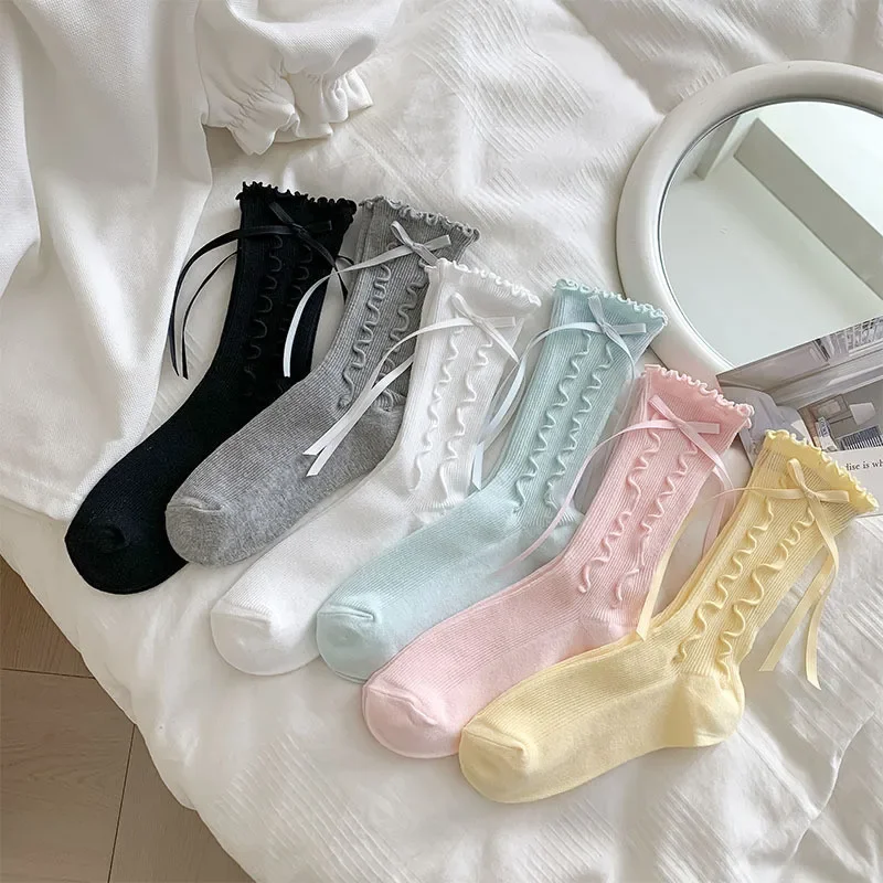 Women's Candy-colored Wavy Lace Bowknot Ruffled Mid-calf Socks Lolita Ballet Summer Thin Exquisite Girly Style Sweet Calf Socks