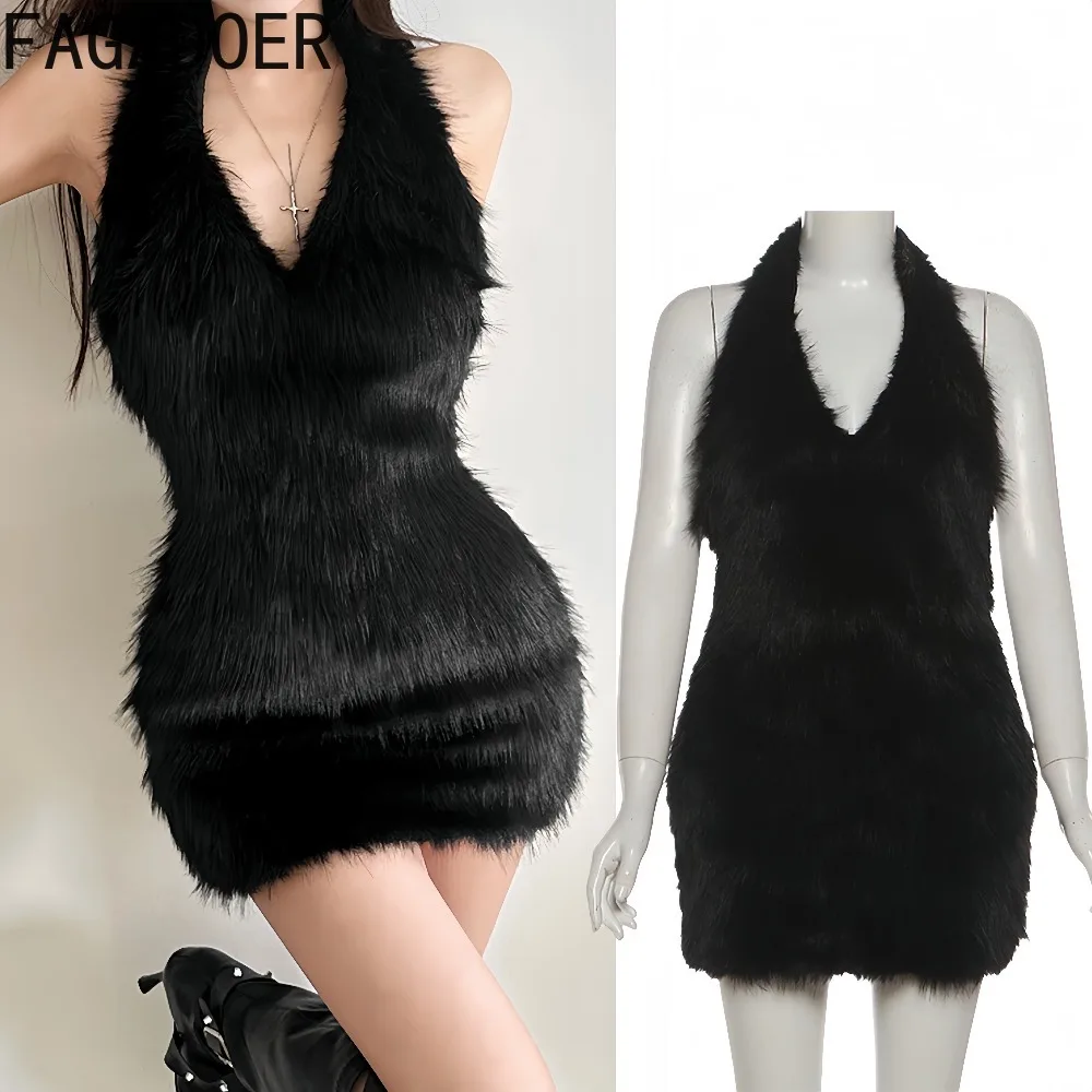 

FAGADOER Winter New Sexy Fur Patchwork Bodycon Dresses Woman Halter Sleeveless Backless Dress Female Party Clubwear Vestidos