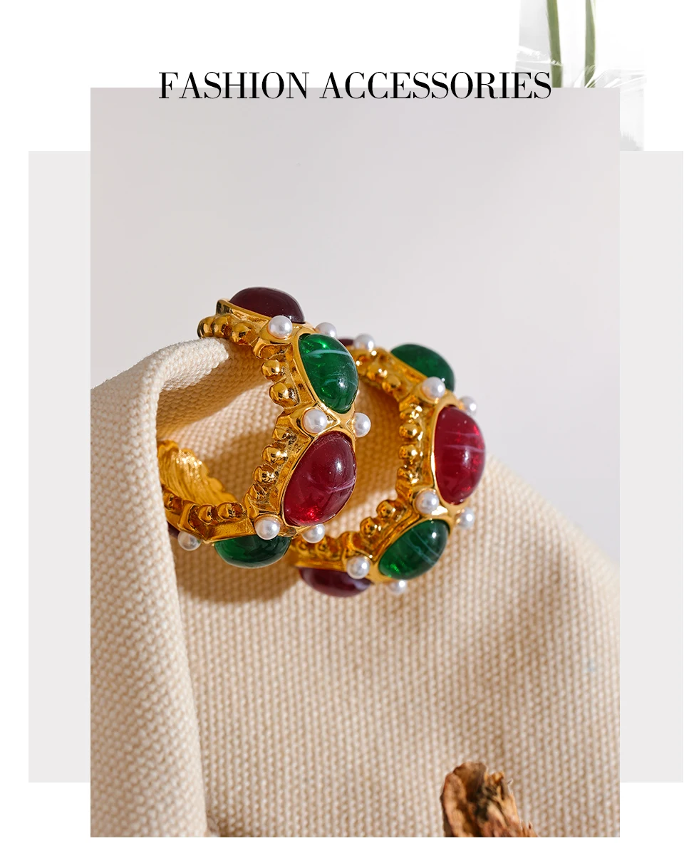 Yhpup Edelstahl C-förmige französische Charm-Ohrringe Schmuck Vintage Rot Grün Harz Stein Imitationsperlen Goldfarbe Bijoux – Detail 9