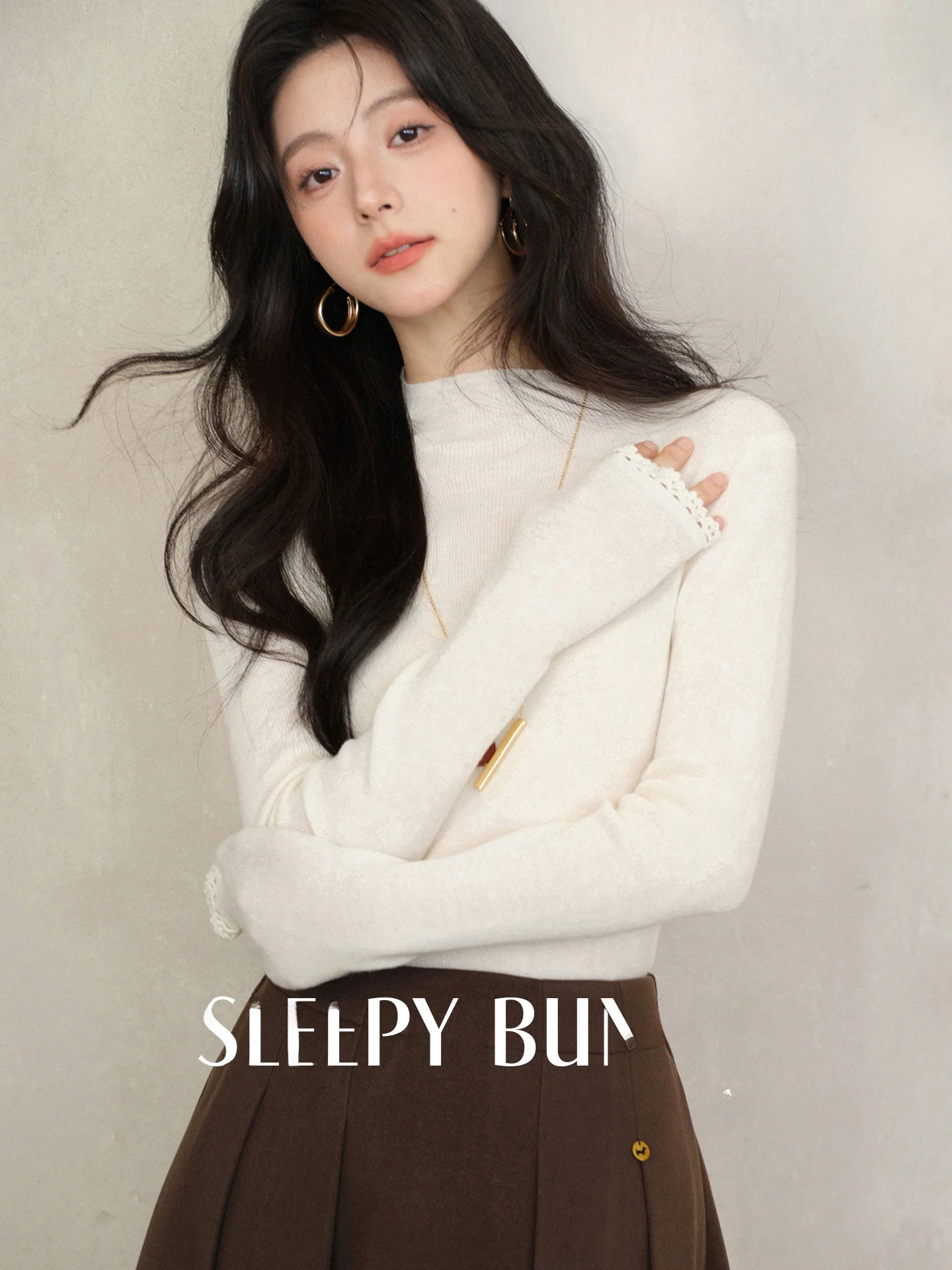 

Женский вязаный свитер с длинными рукавами и кружевными манжетами, облегающий, теплый, с высоким воротником, повседневный, для зимы