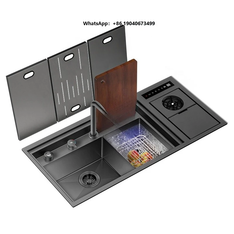 Modern Hidden Black Nano Double Bowl Cup Washer Smart Sink Hydro Purification Kitchen Sink p002