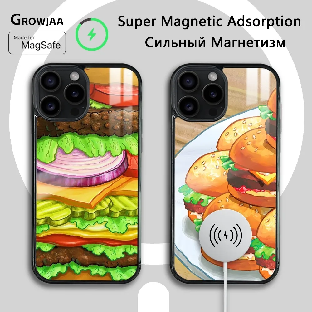 Fine Food Delicious hamburger Phone Case For iPhone 16 15 14 13 12 11 Pro Max Plus Mini New Magsafe Mirror Wireless Magnet Cover