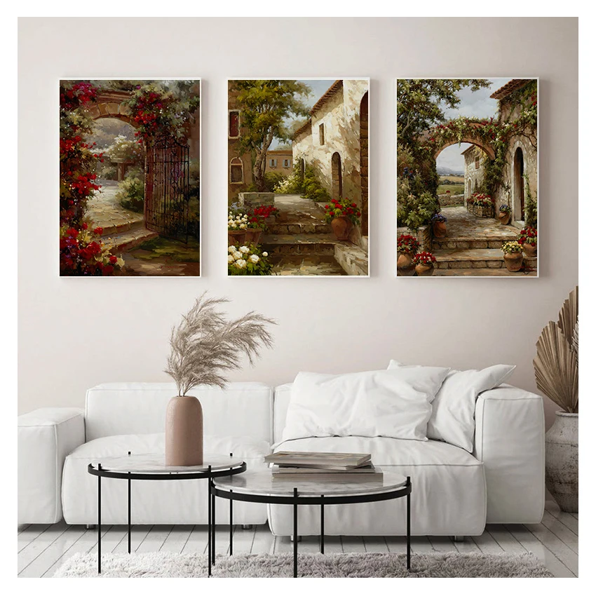 Door Landscape Oil Painting HD Print on Canvas Garden Poster Wall Art Picture for Livinng Room Abstract Pastoral House Flowers