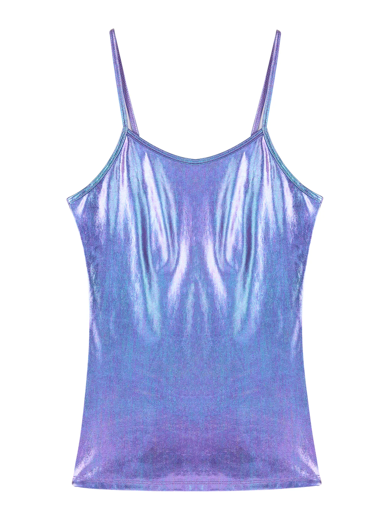 Women Shiny Metallic Yoga Dance Hip Hop Costume Patent Leather Spaghetti Shoulder Straps Sleeveless Vest Top Clubwear Tank Top