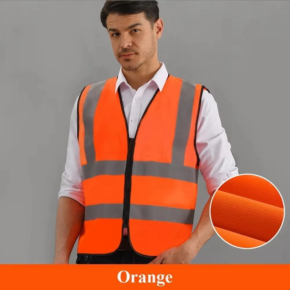 Durable High Visibility Safety Vest Front Reflective Strips Zipper Workwear Uniforms Working Clothes Night Work
