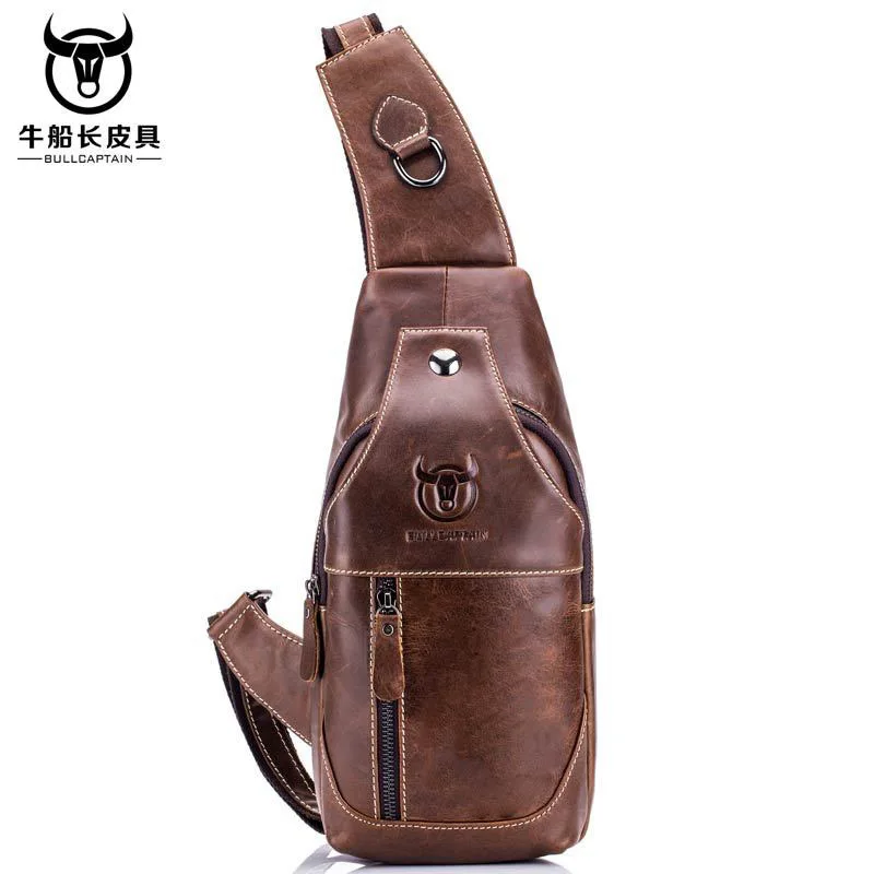 

BULLCAPTAIN Vintage Men's Genuine Leather Crossbody Chest Wrap Cowhide Front Shoulder Bag Fashionable Multifunctional