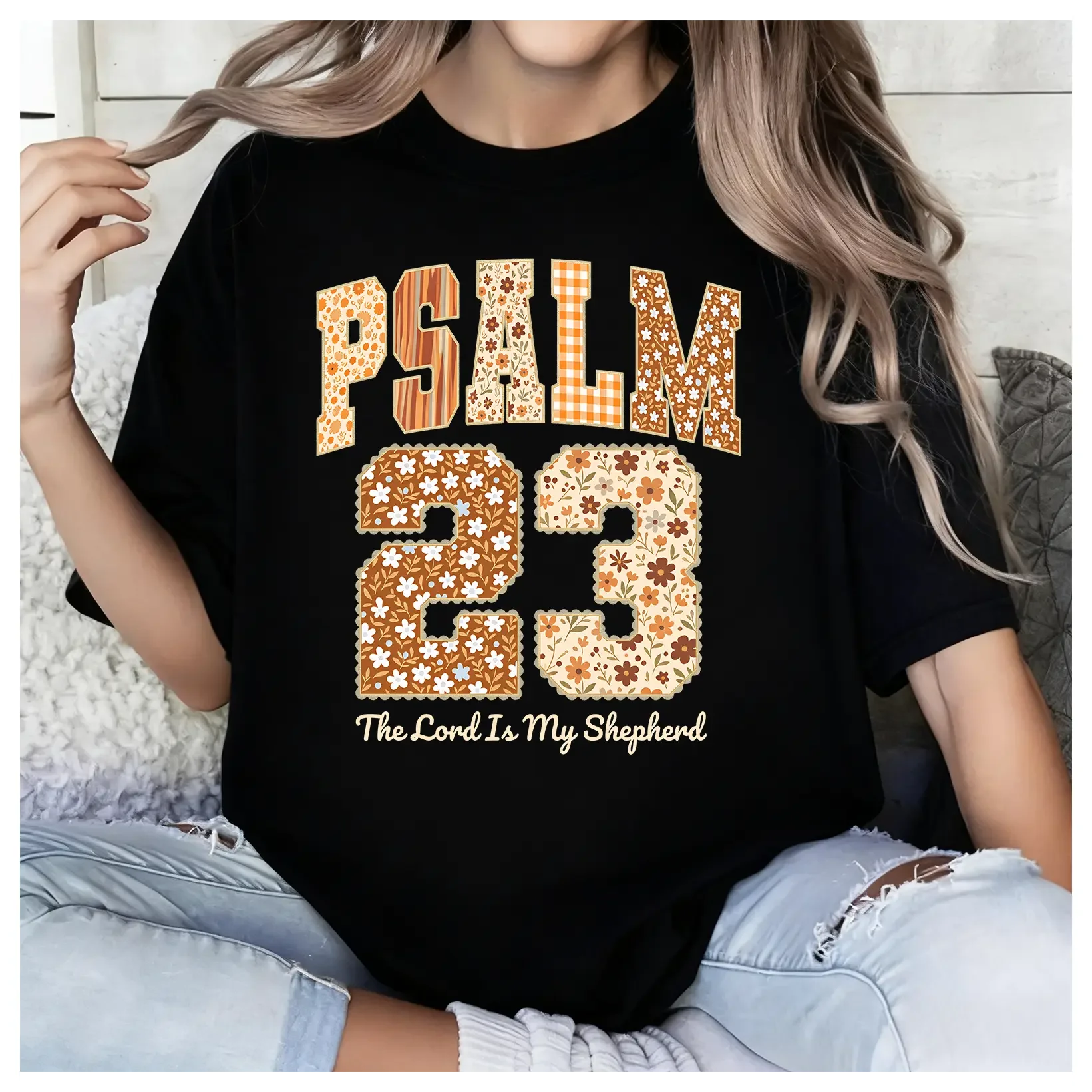 100% Cotton Floral Psalm 23 The Lord Is My Shepherd Bible Verse Thanksgiving Christian Washed Cotton T-Shirt, Retro Faith Graphic Tee, Christian Gift Idea