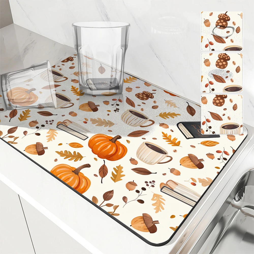 Antiskid Kitchen Absorbent Draining Mat Autumn Sunflower Super  Draining Coffee Dish Drying Mat Quick Dry Bathroom Drain Pad