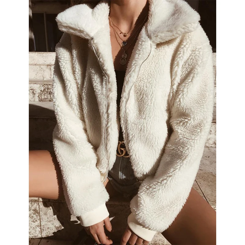 Autumn Winter Women's Teddy Bear Fleece Hoodie Fashion Solid Color Zipper Lapel Casual Loose Long Sleeve Warm Coat S-3XL