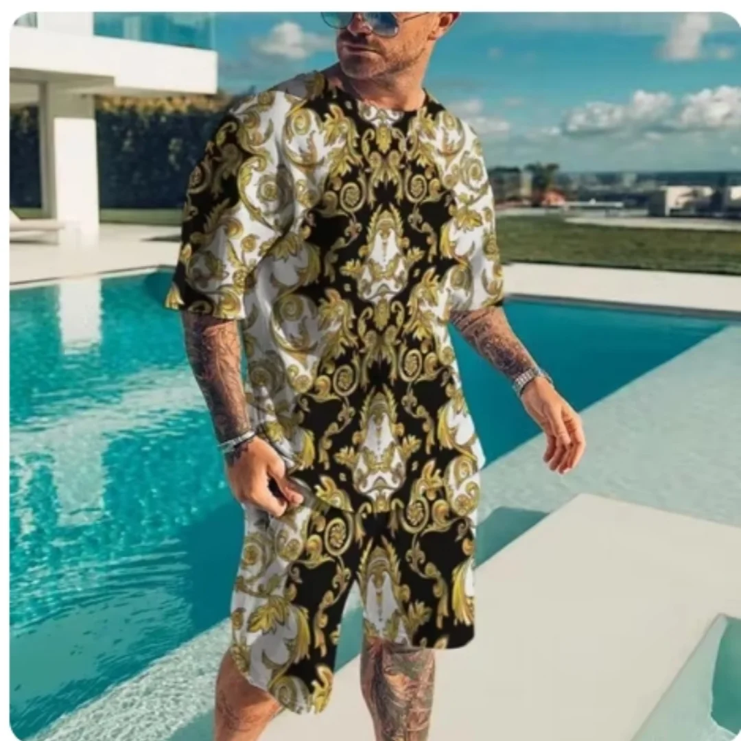 Summer New Men\'s T-shirt Set Baroque Style Gold Flower 3D Printed Tee Short Shorts Set Street Casual Vintage Tracksuit 2pcs Suit