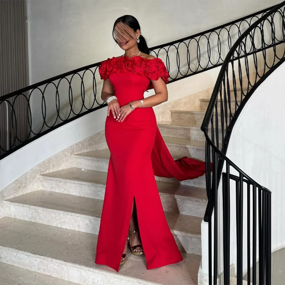 

Customized Boat Neck Formal Evening Dresses Modern Flowers Front Split mermaid Prom gown Off The Shoulder Floor-Length Dress
