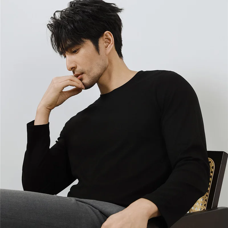 

Мужская рубашка с длинным рукавом, базовая рубашка со средним высоким воротником, осенне-зимняя внутренняя одежда, теплый и облегающий однотонный топ,