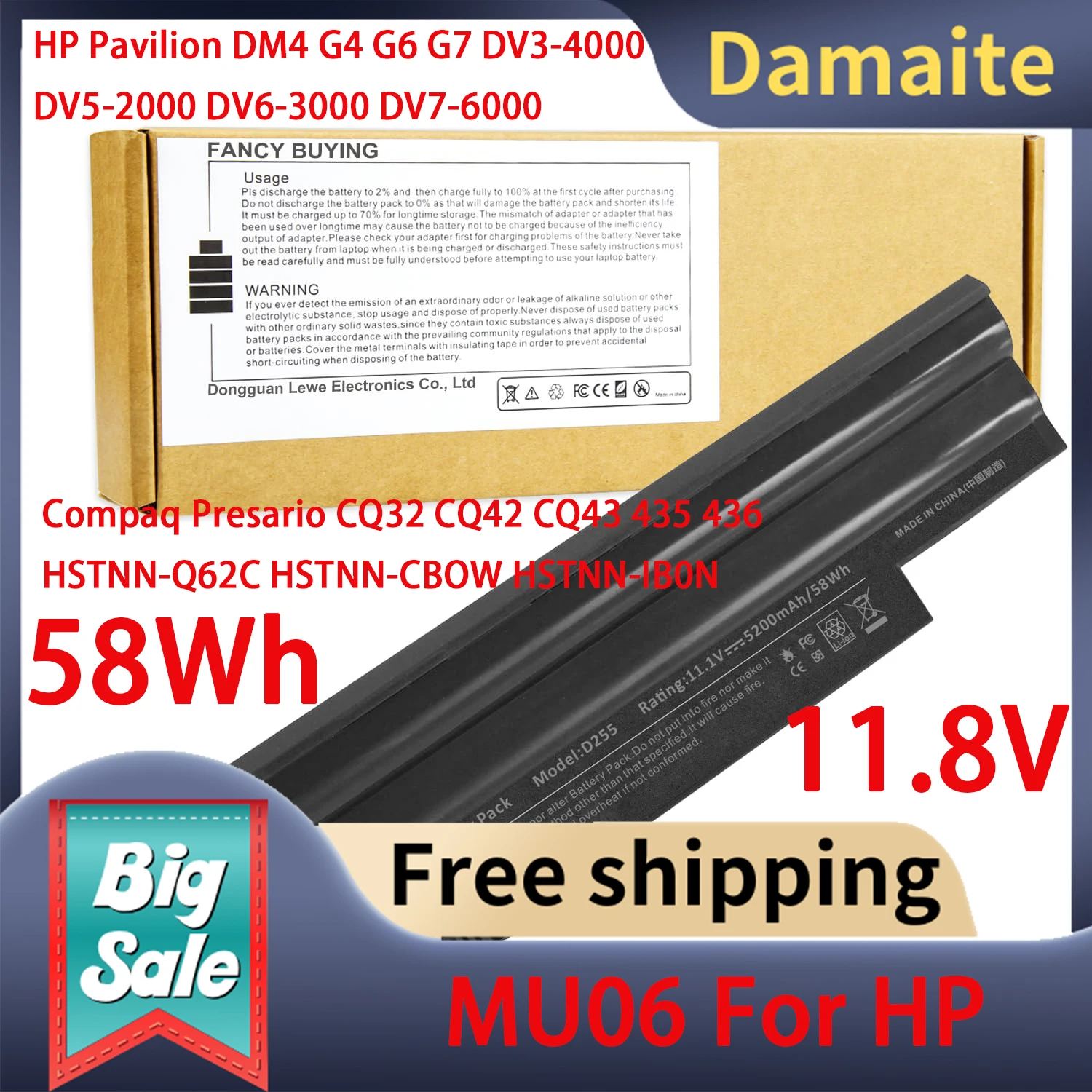 

Damaite MU06/CQ42 Laptop Battery For HP Pavilion DM4 G4 G6 G7 DV3-4000 DV5-2000 DV7-6000 HSTNN-Q62C HSTNN-CBOW HSTNN-IB0N