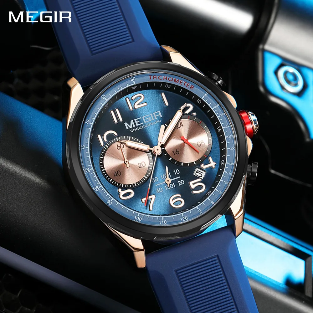 MEGIR كرونوغراف مع تاريخ تلقائي 24 ساعة مقاوم للماء ساعة يد رياضية عادية سيليكون حزام الرجال ساعة كوارتز Reloj هدية للرجل #1