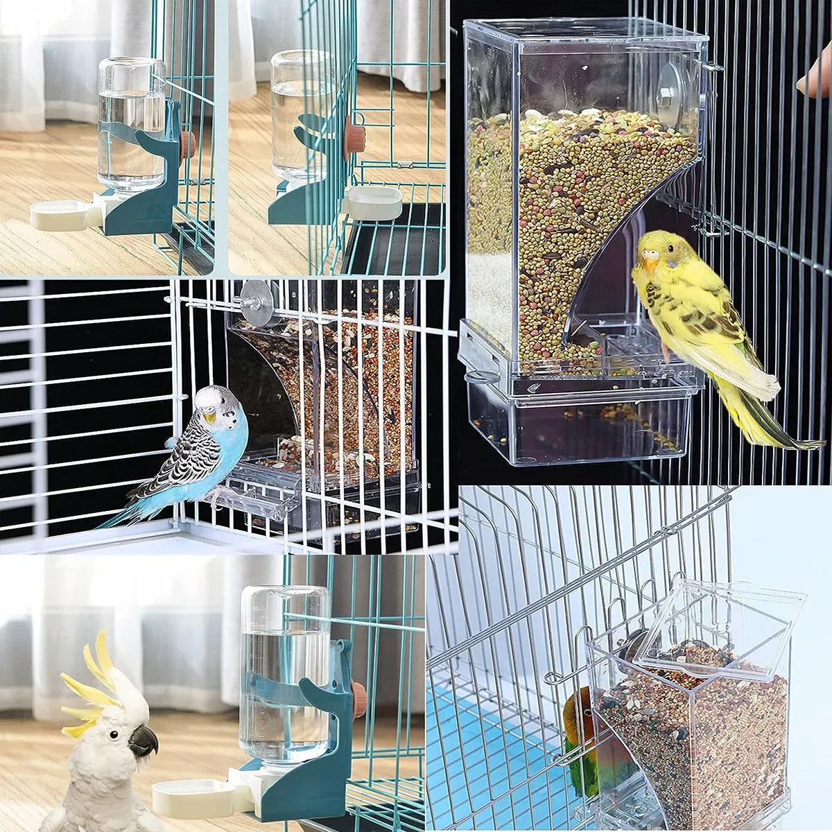 Automatischer Wasserspender für Vögel, Transparenter Sprossenbehälter für Papageien, Futter- und Wasserspender für Vogelkäfige – Detail 11