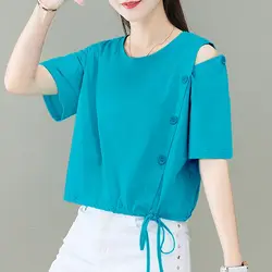 Scava fuori le spalle corte top Tees estate nuova manica corta tinta unita bottone magliette Street Casual Vintage abbigliamento donna