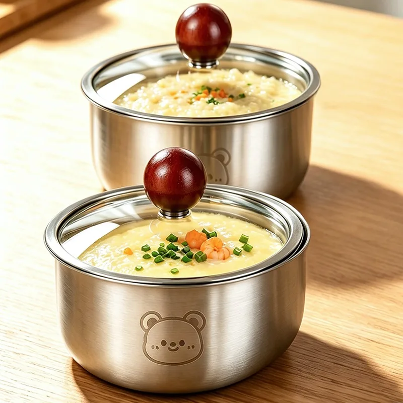 304 Stainless Steel Steamer Bowl with Glass Lid Beech Handle for Cooking Egg Custard Vegetable Soup Microwave Oven Safe Kitchen