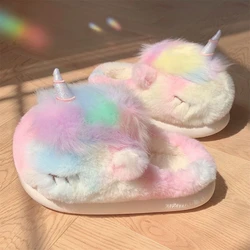 Cute Unicorn Winter New Women Slipper Soft Heel Platform Fur Warm Indoor Comfortable Home Fluffy Home Slippers