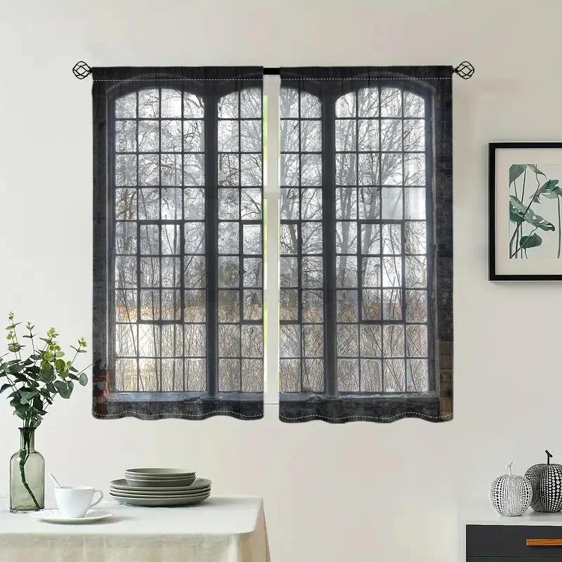 2 pieces, worn-out industrial style, French window landscape glass curtains - living room, bedroom, and other home decorations