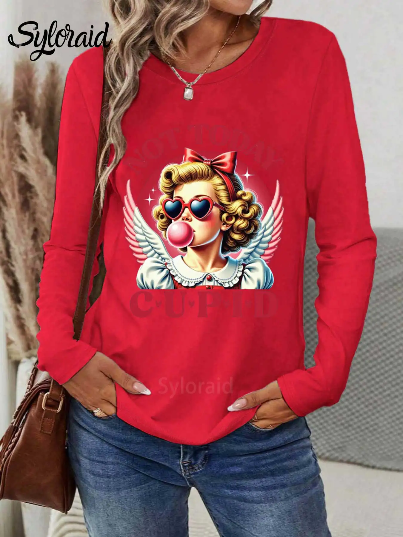 Damska koszulka z długim rękawem z nadrukiem walentynkowym: T-shirt z napisem \\\\\\\"Not Today Cupid\\\\\\\", modny top z okrągłym dekoltem, casualowy.