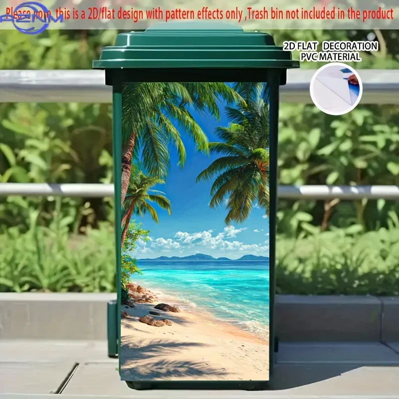 2D 1PCTropical Beach Self-Adhesive Dustbin Stickers, PVC Trash Can Decorative Stickers, Wheelie Bin Stickers,  Suitable for Ou