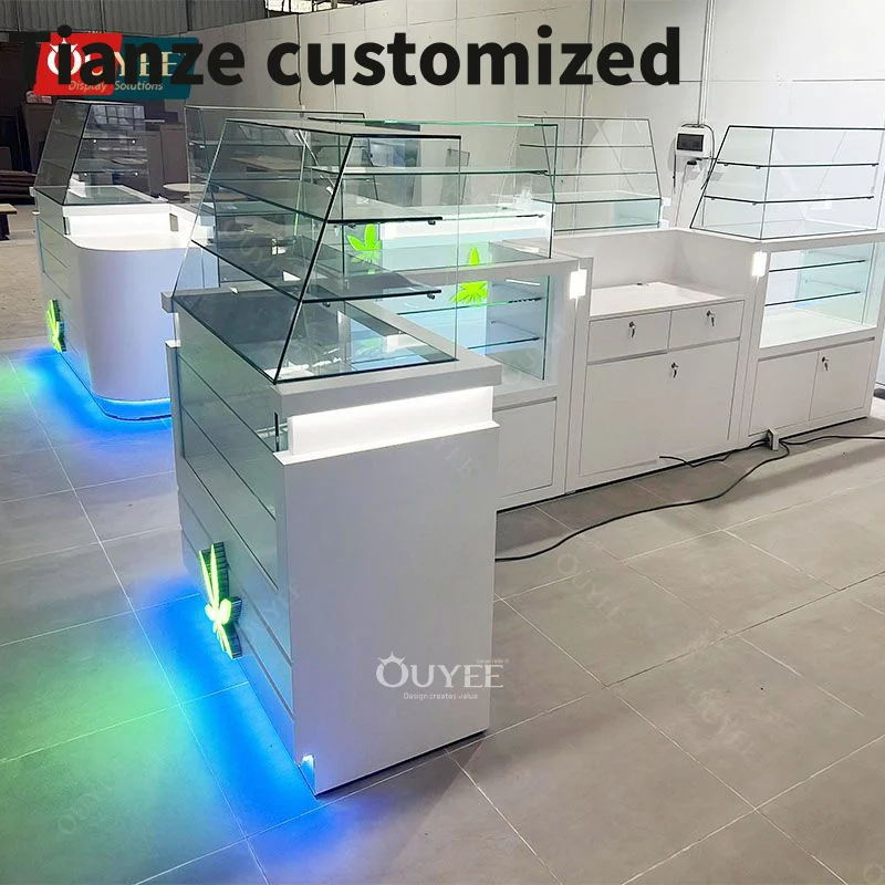 Customized-Custom Store Concept Wood Displays Glass Vitrine Under Counter Cabinet Led Glass Smoke Display Shelve