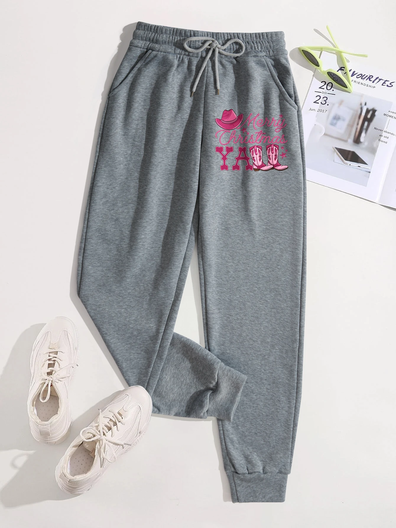 

Merry Christmas Pink Boots Casual Basic Women Britches Loose Fashion Trousers With Drawstring Pockets Sweatpants Female New