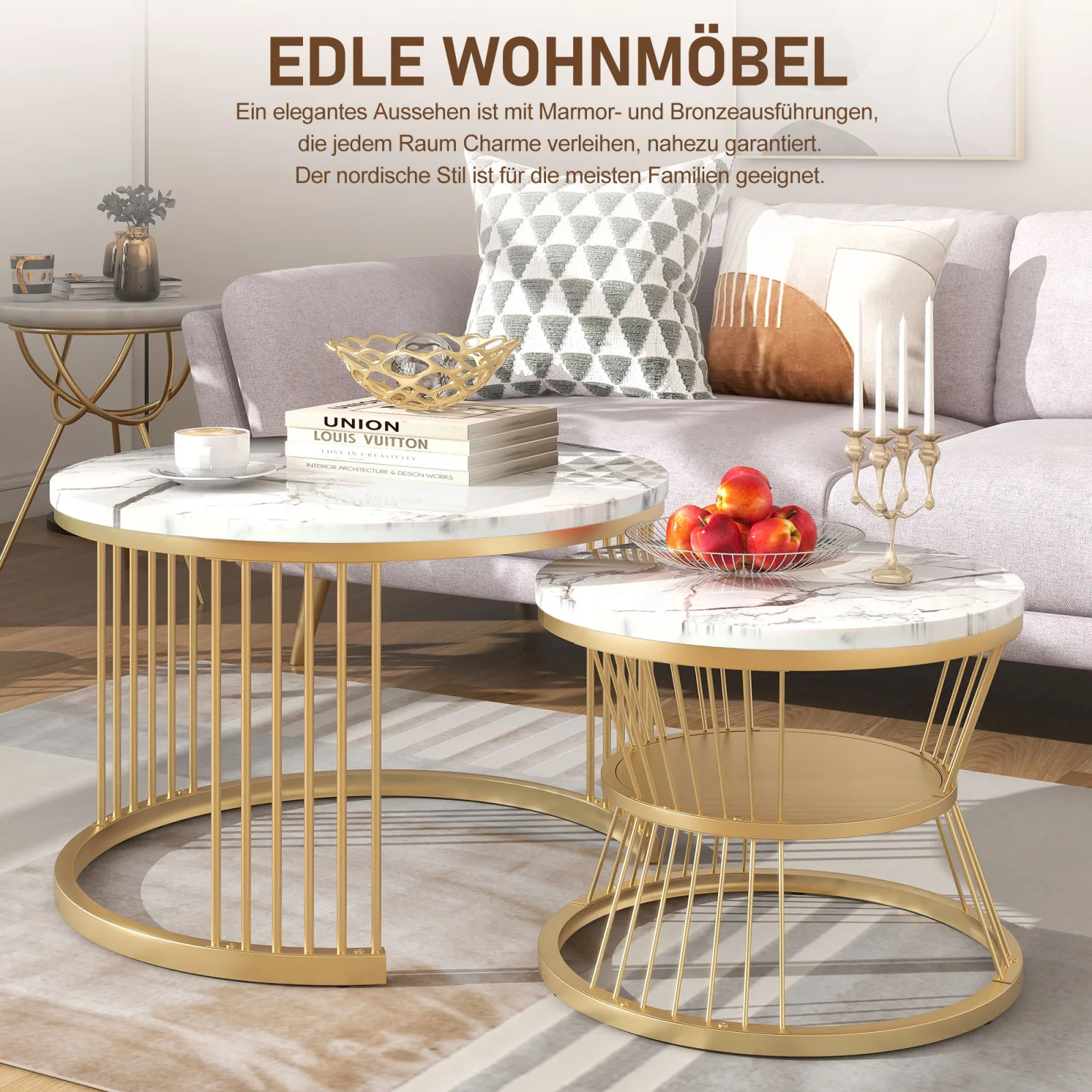 Comanlai 2-teiliges Mesa De Centro, rundes Couchtisch-Set, goldfarbener Rahmen, Sofa-Beistelltische aus Marmorfurnier, Beistelltische