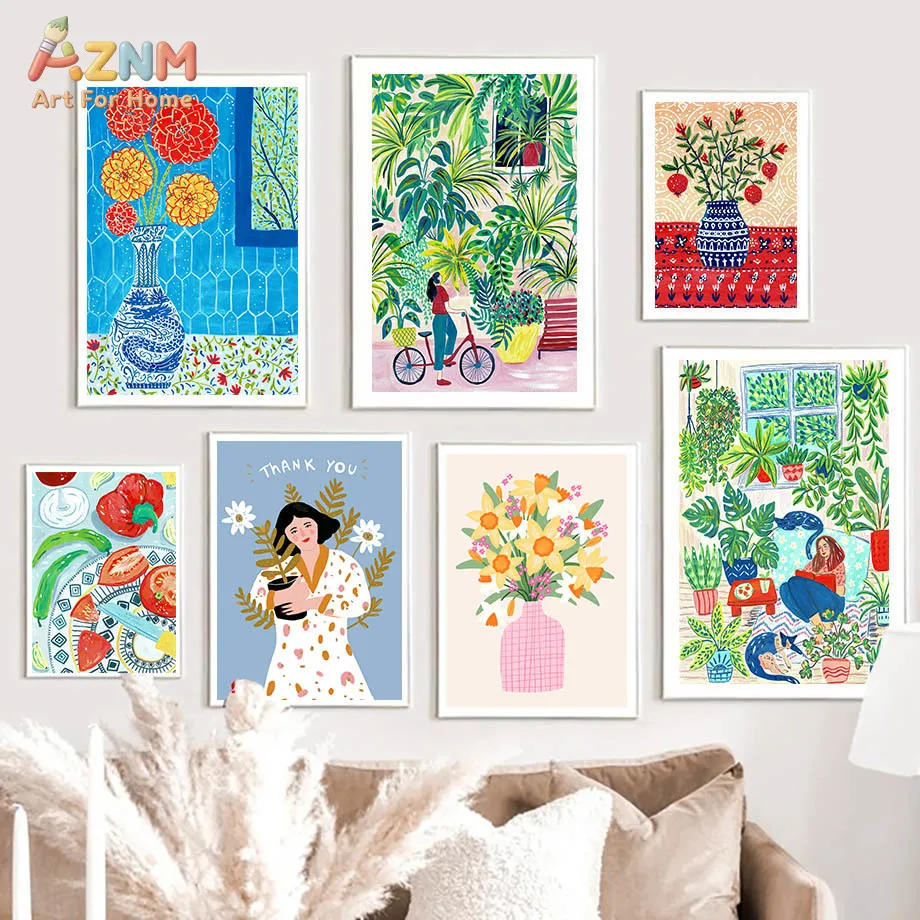 AZNM Vibrant Colorful Floral Bouquet Canvas Wall Art Hand Drawn Botanical Flower Art Print Boho Living Room Home Decor Poster