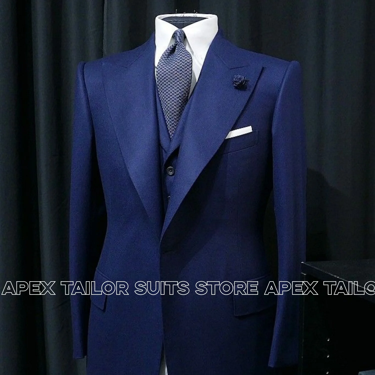 Royal Blue Men Suit Peak Lapel Long Sleeve Blazer Jacket Waistcoat Elegant Formal Business Wedding Groom Prom Party Suit Set