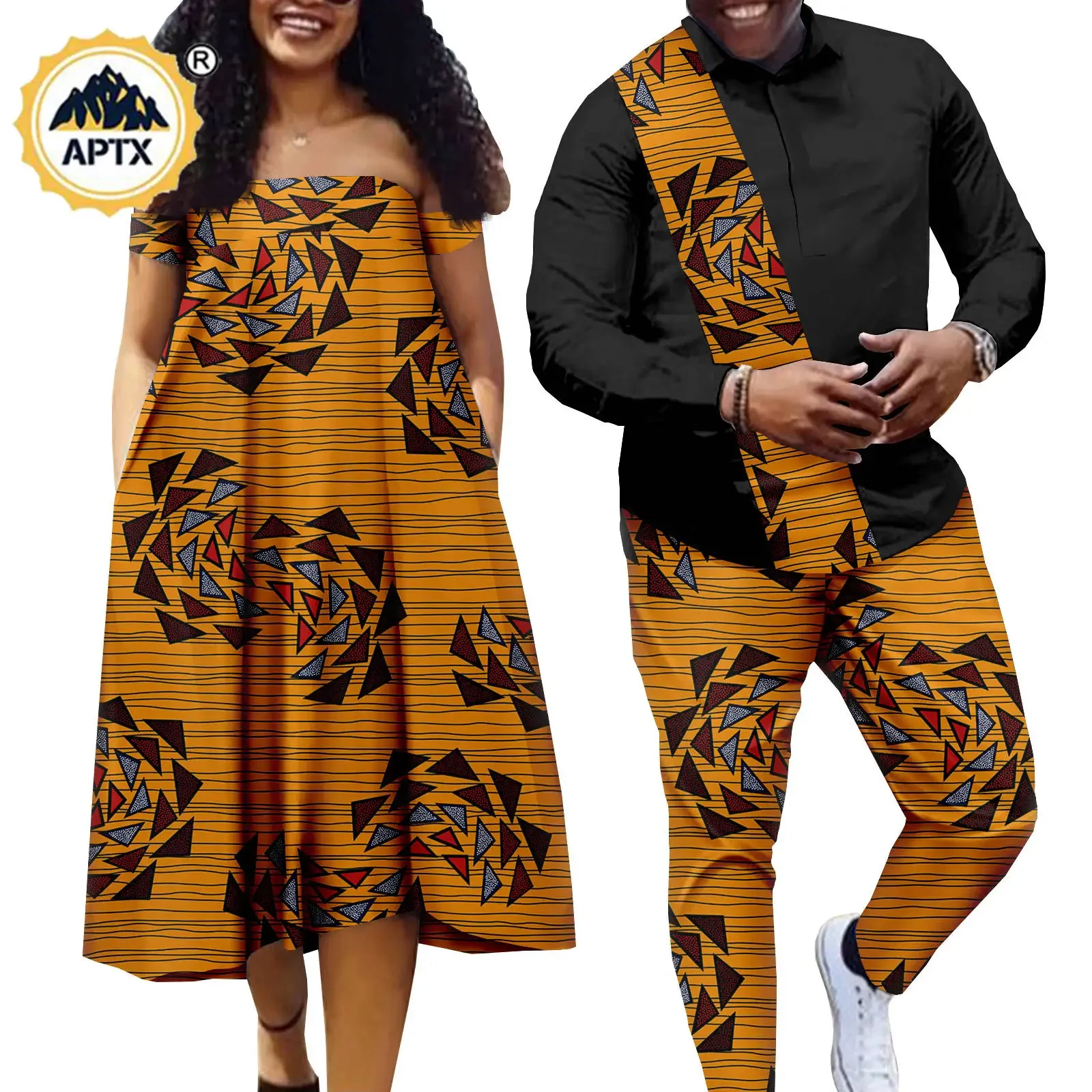 Dashiki Men Patchwork Outfits African Top Shirts and Pants Sets Matching Women Print Dresses Bazin Riche Couples Clothes Y22C051