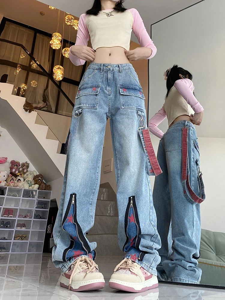 女性の秋のルーズジッパースプリットデザインプリントストレートワイドレッグパンツファッション多用途ハイストリートヴィンテージデニムパンツ