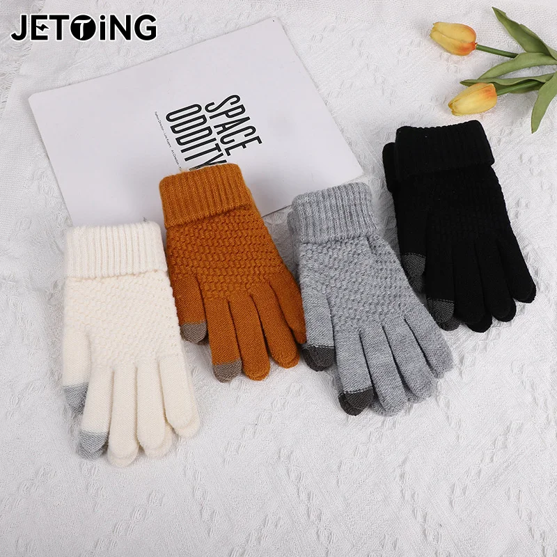 1pair Women Men Warm Winter Touch Screen Gloves Stretch Classical Knit Mittens Wool Full Finger Outdoor Cycling Driving Glove