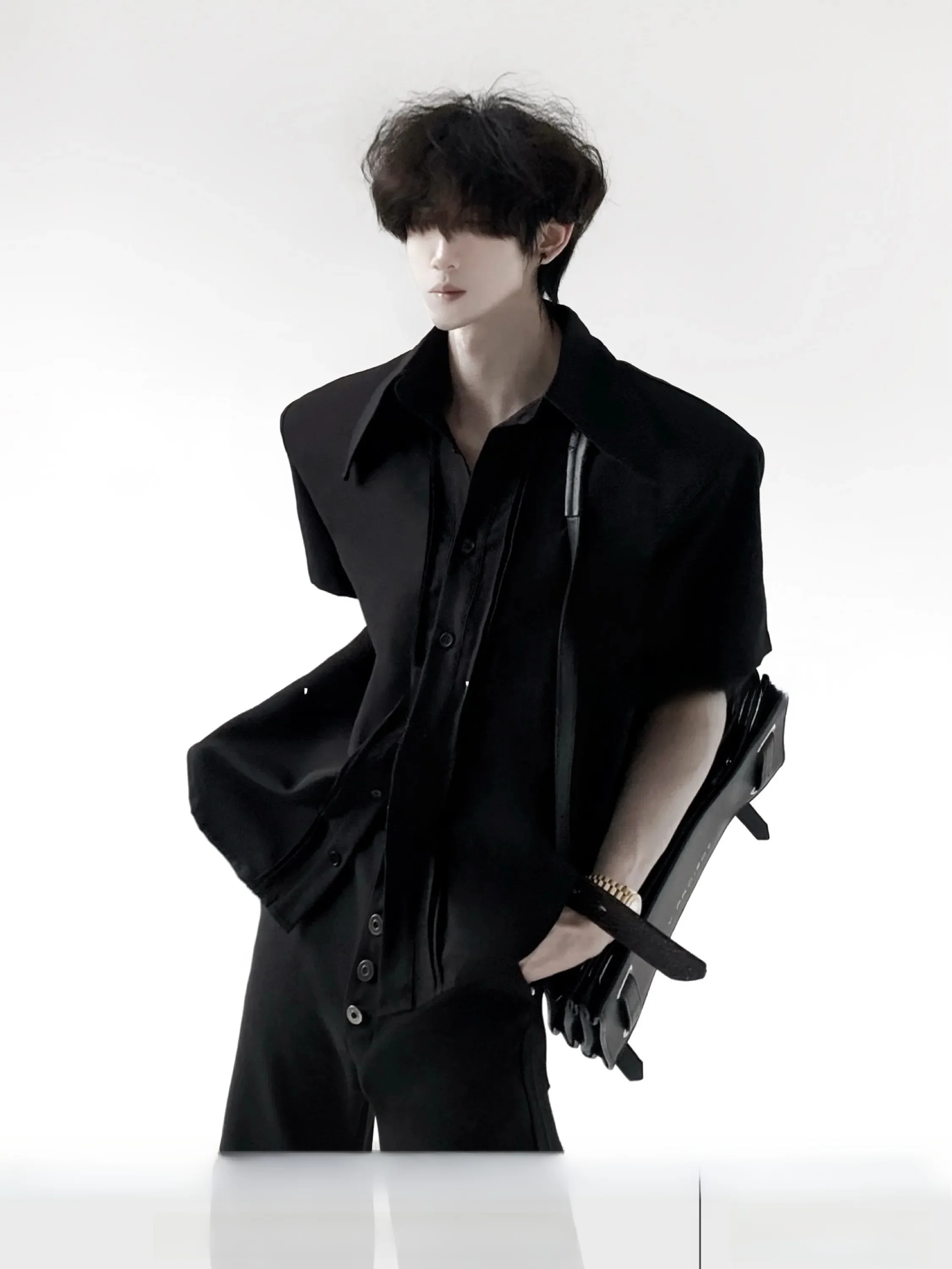 Anti-Wrinkle Shoulder Pad Short Sleeve Men's Shirt Deconstructed Court Style Pleated Design High-End Aesthetic T-Shirt